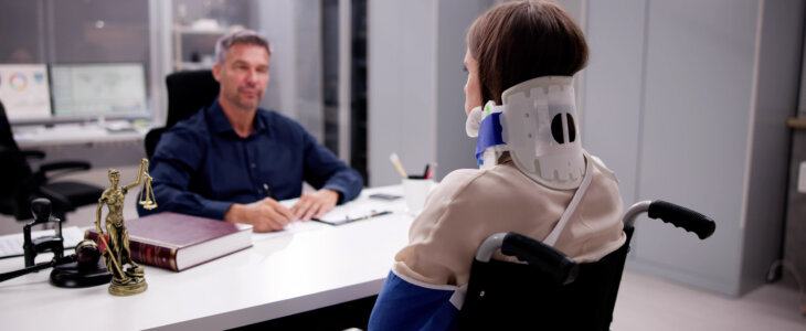 Injured woman in a wheelchair filing a personal injury claim with an attorney