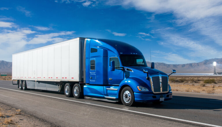 Semi Trucks on a Four Lane Highway near the Ivanpah Solar Power Facility in California