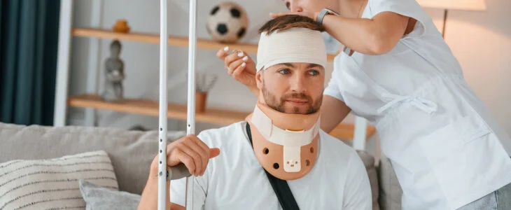 Female nurse wrapping a bandage around a male patient's head