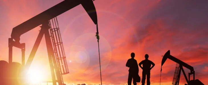 Pump jack silhouette and hard hat workers against a sunset sky