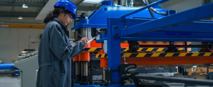 Indian woman maintenance engineer in an industry plant, carefully looking into checklist and machinery with a flashlight, close up shot.