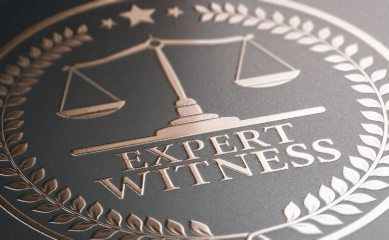 3D illustration of a golden stamp where it is written the text expert witness