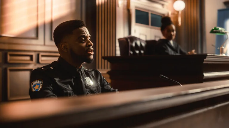 Portrait of Black Policeman Witness Giving Testimony in Court