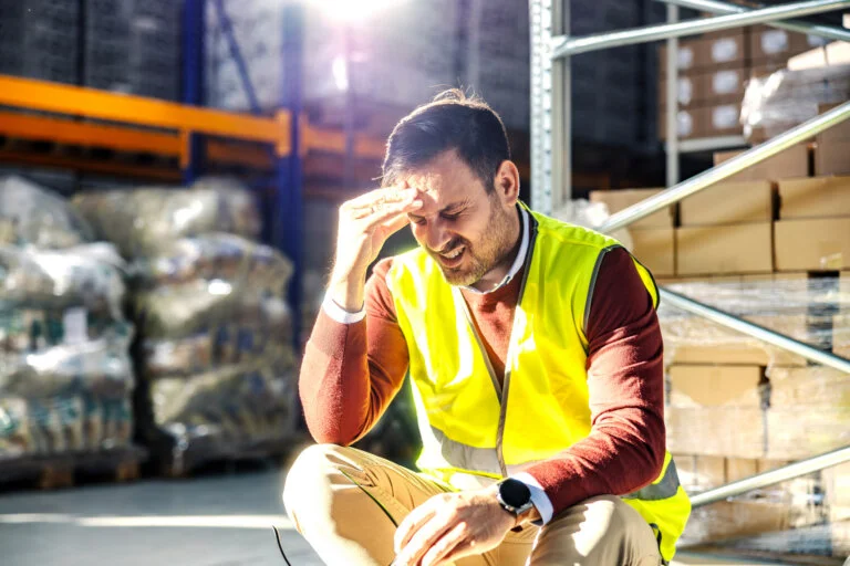 Warehouse worker in a yellow safety vest crouching, experiencing a severe headache